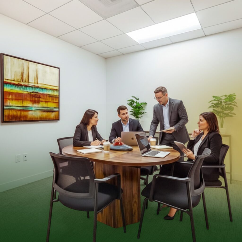Four people in business attire sit around a round table in a modern office, discussing work with laptops and papers. A colorful abstract painting and two plants decorate the white walls.