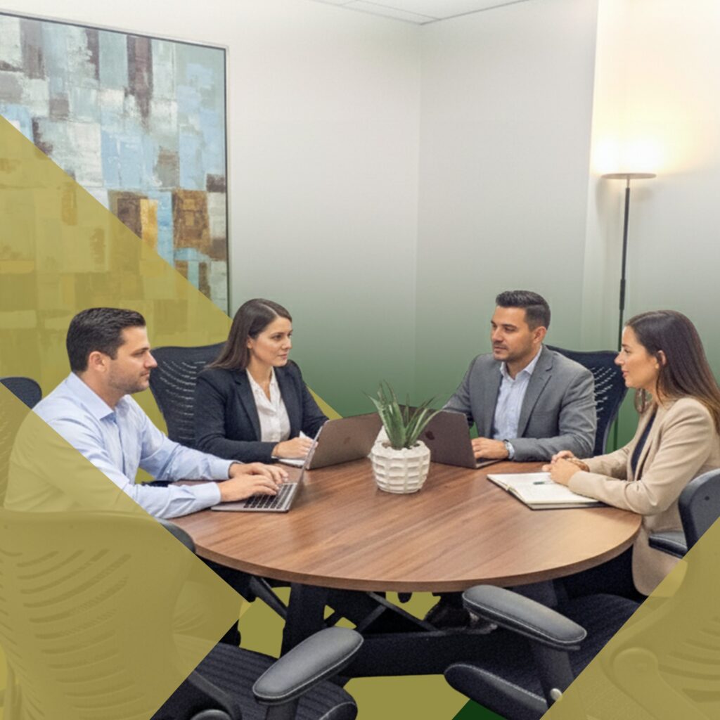 Four people in business attire sit around a round table with laptops and a notebook, having a meeting in a modern office with abstract artwork and a potted plant in the center.