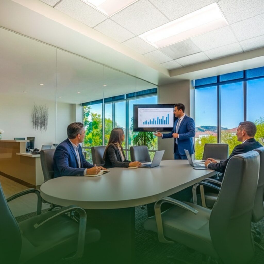 Four people in business attire sit around a conference table while one person presents a bar chart on a screen in a modern office with large windows.
