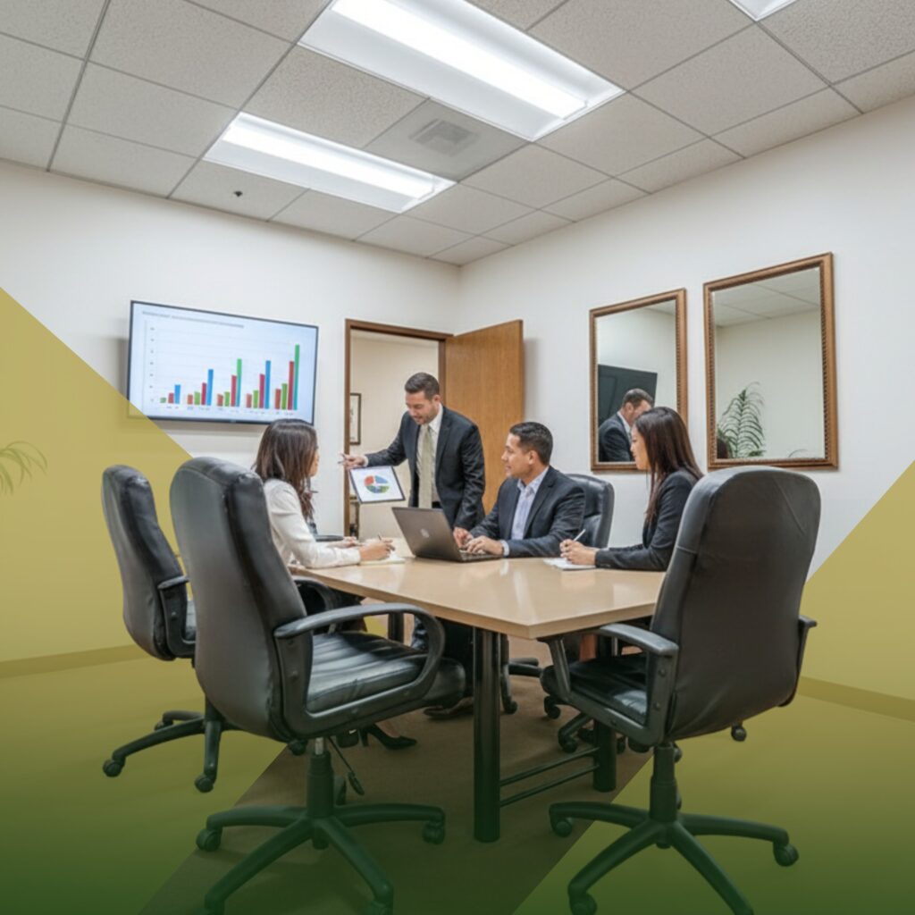 Four people in business attire meet in a conference room. One person stands presenting data on a screen, while three others sit at the table with laptops, listening and taking notes.