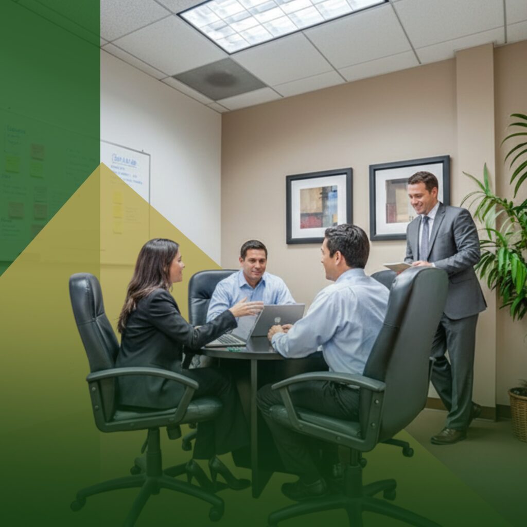 Four people in business attire sit around a conference table having a meeting with laptops, while one person stands holding papers. Office setting with framed pictures and a plant. Green transparent shapes overlay part of the image.