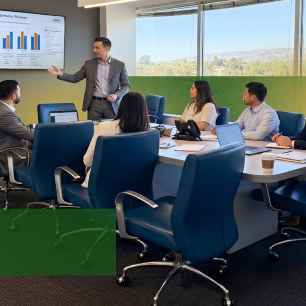 A man in a suit presents a chart on a screen to five colleagues seated at a conference table in a modern office with large windows and a scenic view.