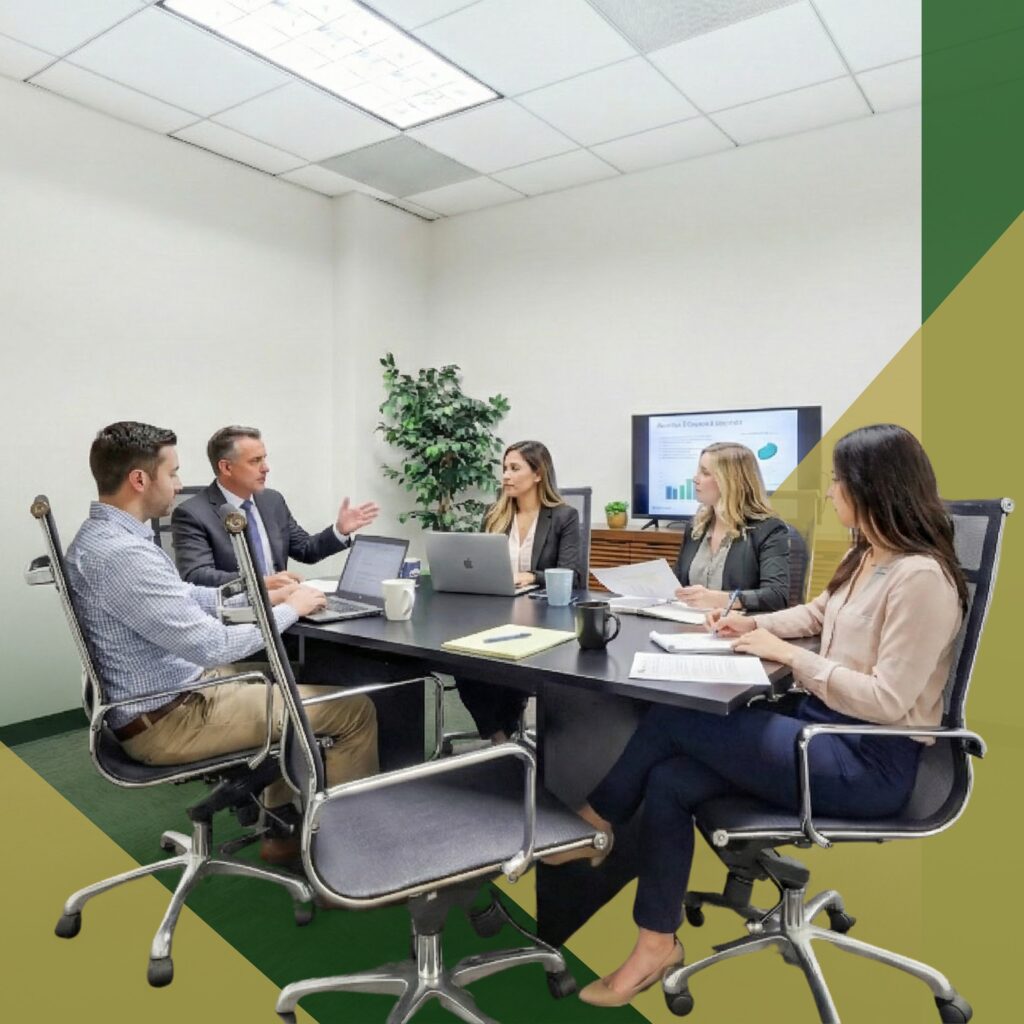 Five people sit around a conference table in an office, discussing and taking notes. Laptops, notebooks, and coffee cups are on the table. A screen behind displays a financial chart.