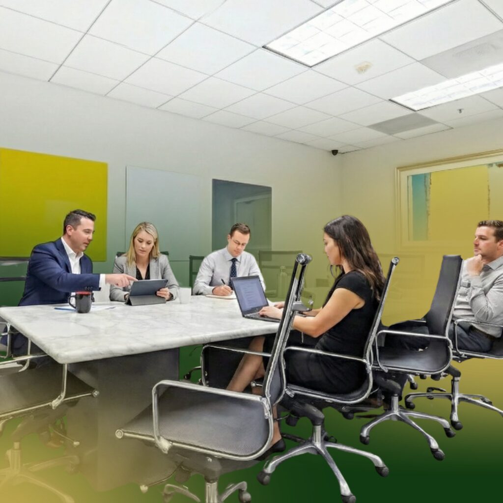Five people sit around a conference table in a modern office, engaged in discussion. Some use laptops and tablets. The room has colorful wall panels and empty rolling chairs.