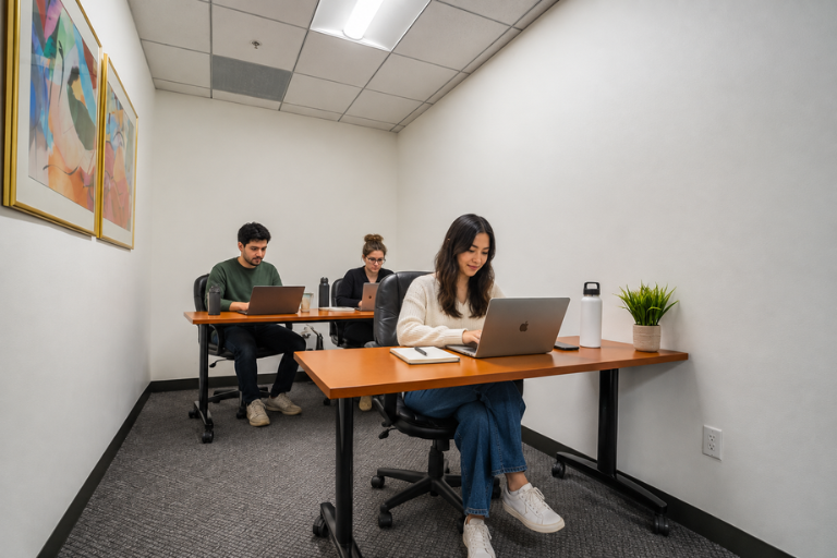 Three people sit at desks in a small office room, each working on laptops. A plant, a water bottle, and a notebook are on the front desk. Two abstract paintings hang on the left wall.