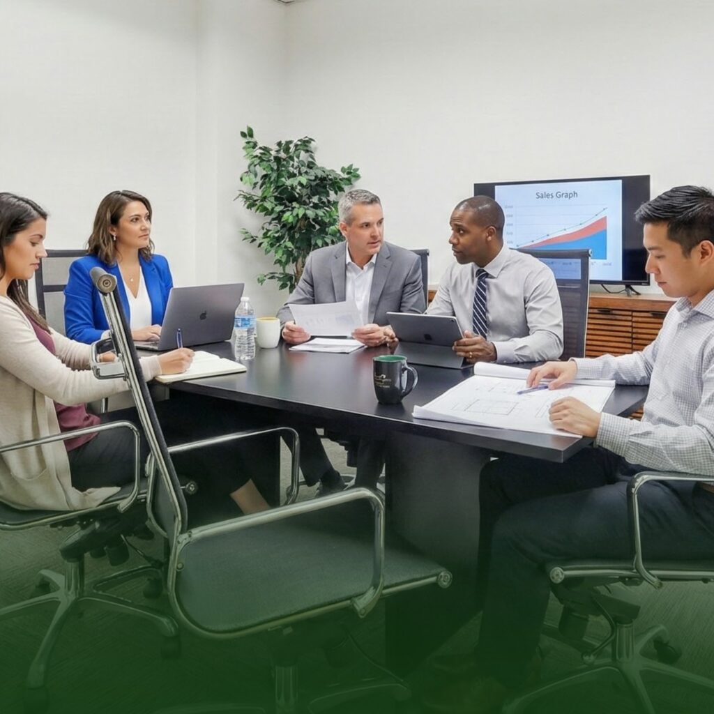 Five people sit around a conference table in an office, discussing papers and laptops. A large monitor behind them displays a sales graph. There is a potted plant in the corner of the room.