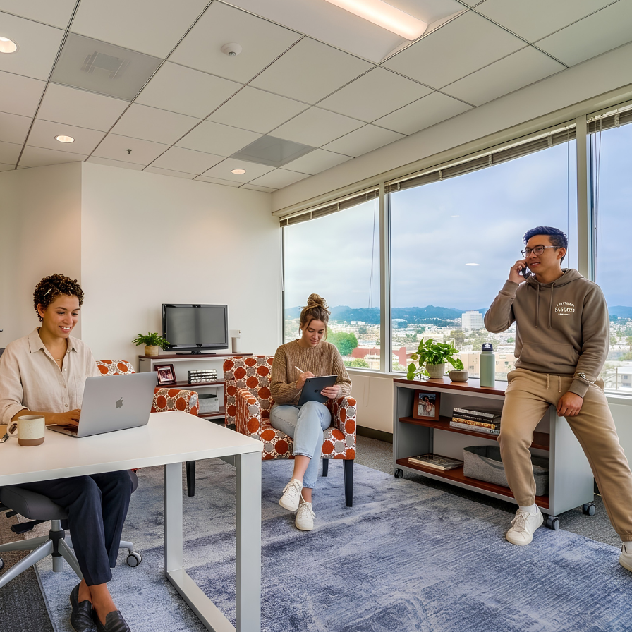Three people work in a bright office with large windows. One types on a laptop, another uses a tablet sitting on a chair, and the third stands talking on the phone. Shelves with plants and photos decorate the space.