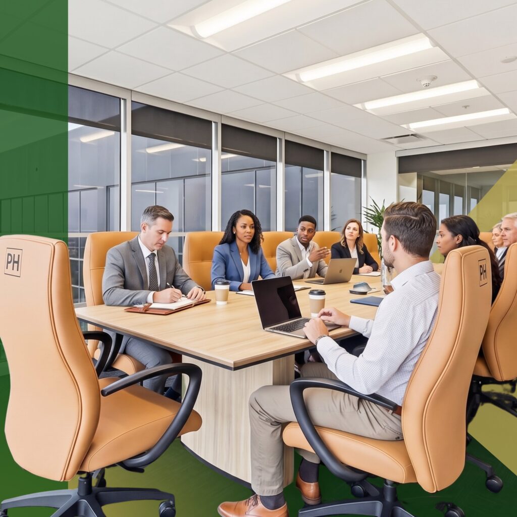 A diverse group of professionals sit around a conference table in a modern office, engaged in a meeting. Laptops, notebooks, and coffee cups are on the table. Large windows provide natural light.