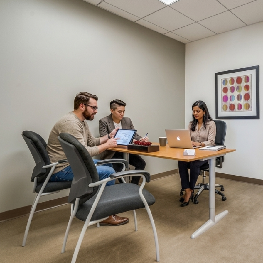 Three people sit around a small office table, two on one side with a tablet and notepad, and one on the other side with a laptop. A framed artwork hangs on the wall behind them.