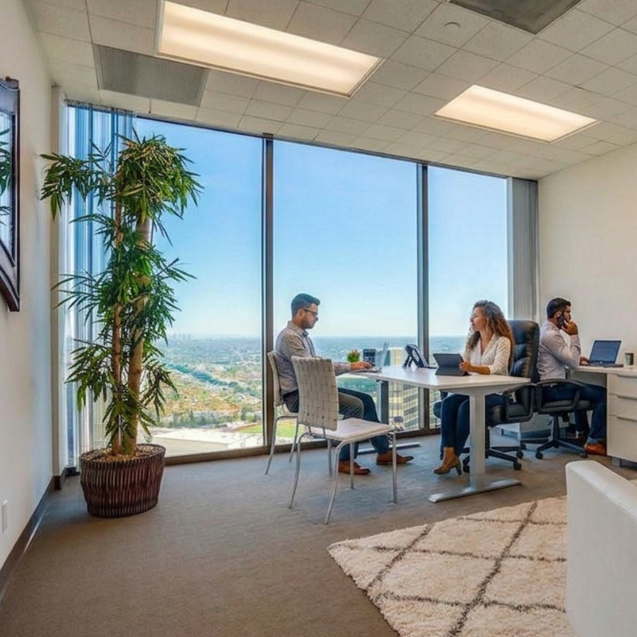 Three people work in a modern office with large windows, city views, and natural light. One person is at a laptop, one is on the phone, and one sits across a desk. A potted plant stands in the corner.
