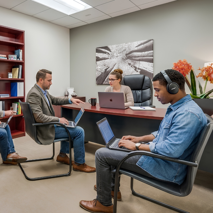 Three people sit in an office with laptops, two facing a woman behind a desk and one wearing headphones. Shelves, a plant, and a wall art piece decorate the room. Everyone appears focused on their work.
