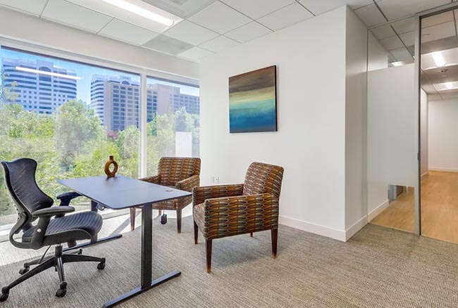 Modern office with a desk, black chair, two woven guest chairs, a vase, and artwork on the wall. Large window shows city buildings and trees outside.