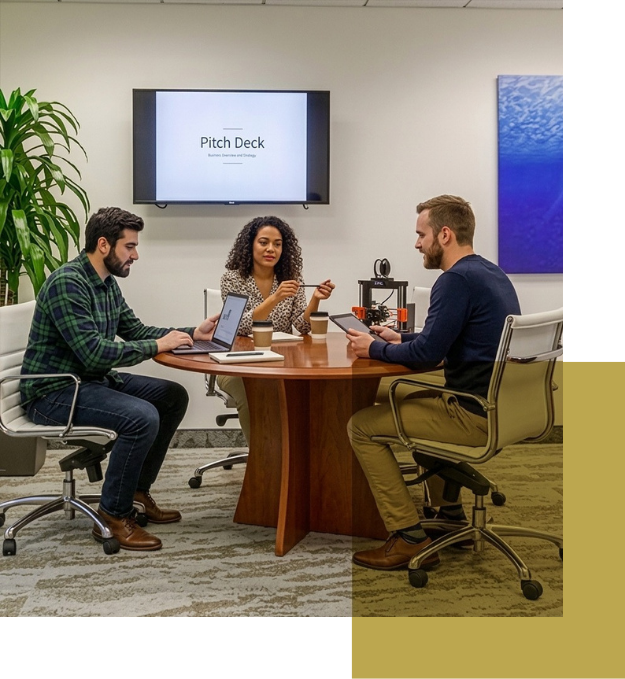 Three people sit around a round table in an office, discussing a laptop. A screen behind them displays Pitch Deck. A plant and artwork are in the background.