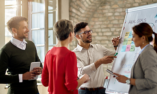 Four professionals discuss and smile around a flipchart with colorful notes and charts in a bright office, collaborating on achieving annual goals.