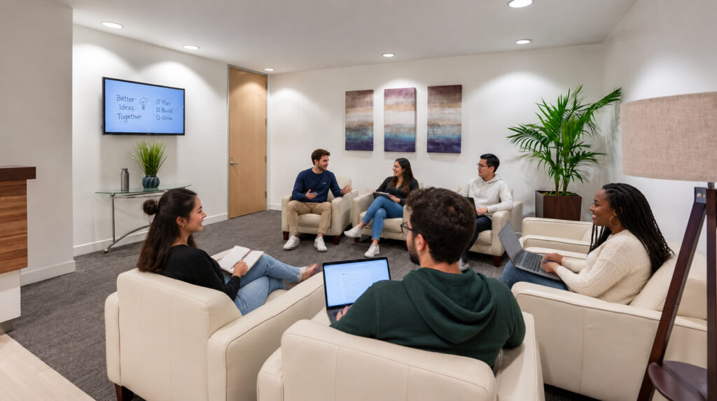 Six people sit in a modern office lounge, engaging in discussion. Two screens on the wall display text. Most hold laptops or notebooks. There are plants and abstract art on the walls, creating a welcoming atmosphere.