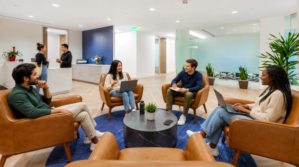 Four people sit in a circle in a modern office, talking and using laptops, while two others stand near a reception desk in the background. The space is bright, with plants and glass walls.