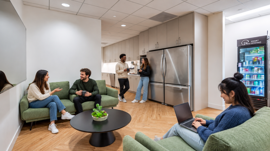 Four people in a modern office kitchen: two sit and talk on green chairs, one works on a laptop, and two chat by the counter. A vending machine and refrigerator are visible.