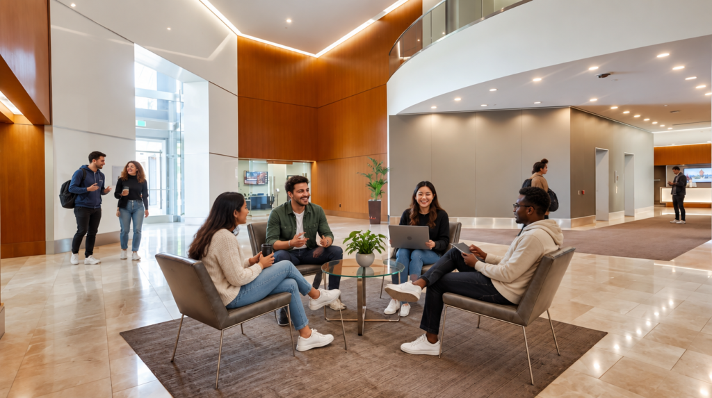 Four people sit in a modern lobby, chatting and using laptops, with others walking and talking in the background. The space features wood paneling, large windows, and neutral decor.