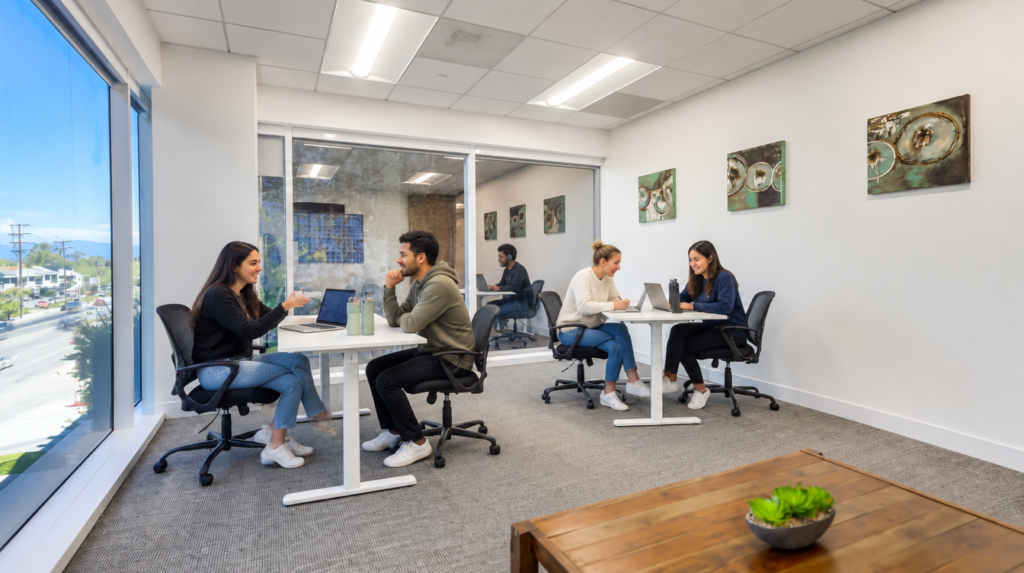 Four people sit in pairs at tables in a modern office with large windows, laptops open, having discussions. The room has white walls, art, and a small succulent on a wooden table in the foreground.
