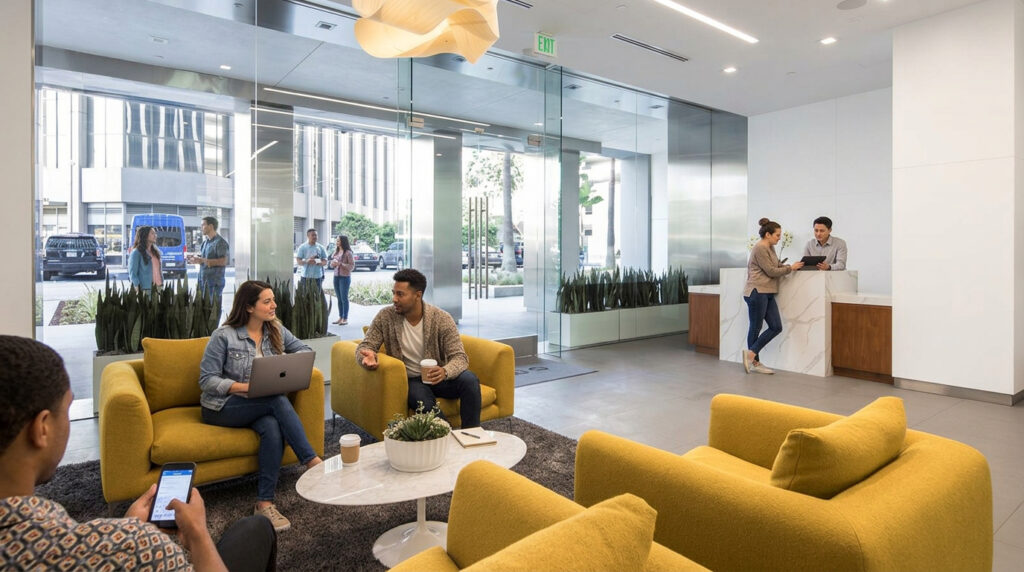 Modern office lobby with yellow chairs, people talking, working on laptops and phones, and two people at a reception desk. Large glass windows show people outside. Bright, open space with plants and natural light.