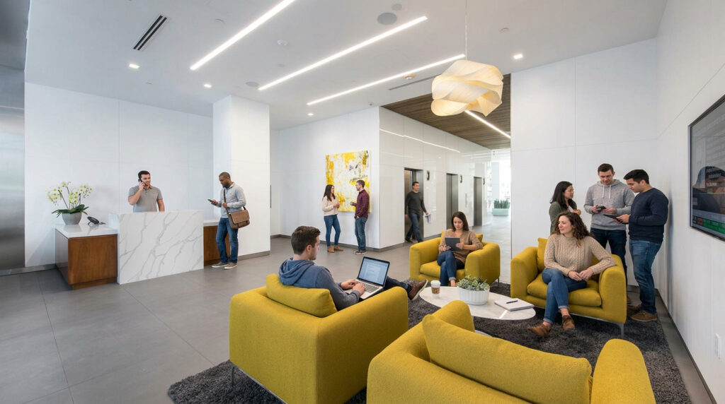 Modern office lobby with people sitting on yellow chairs, talking, using laptops and phones. Some are standing near an elevator, while one stands at a reception desk. White walls and bright lighting create an open atmosphere.