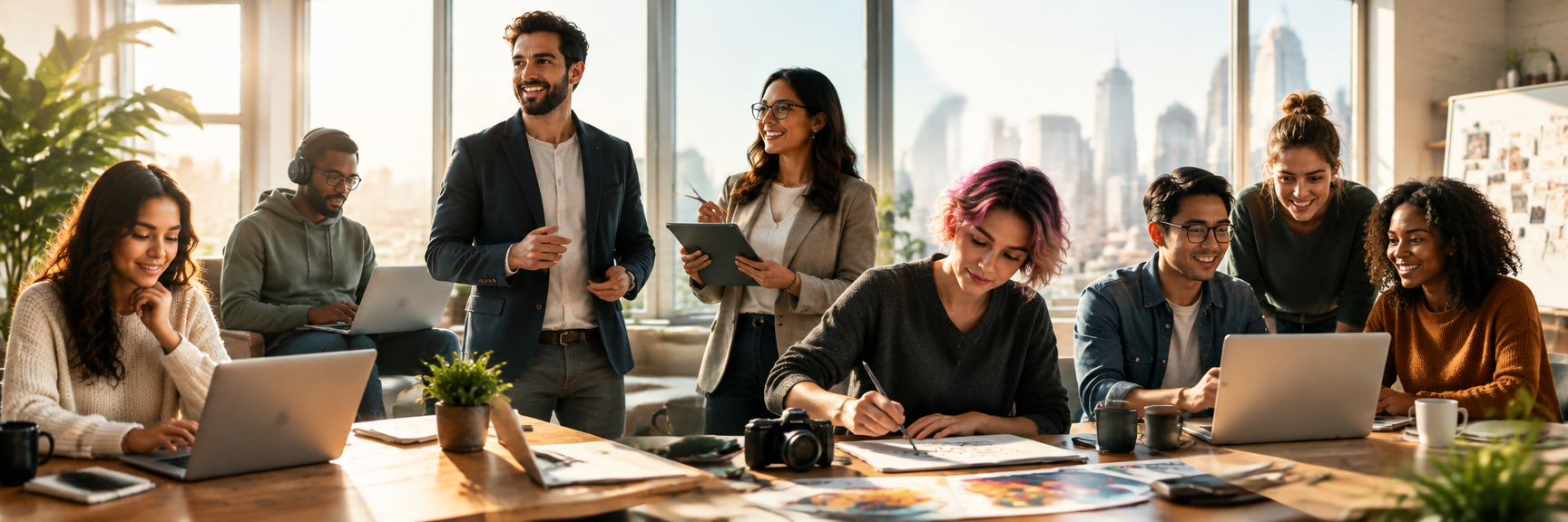 A diverse group of people work together in a bright, modern office with laptops, papers, and art supplies, smiling and collaborating around a large table. Cityscape is visible through large windows.