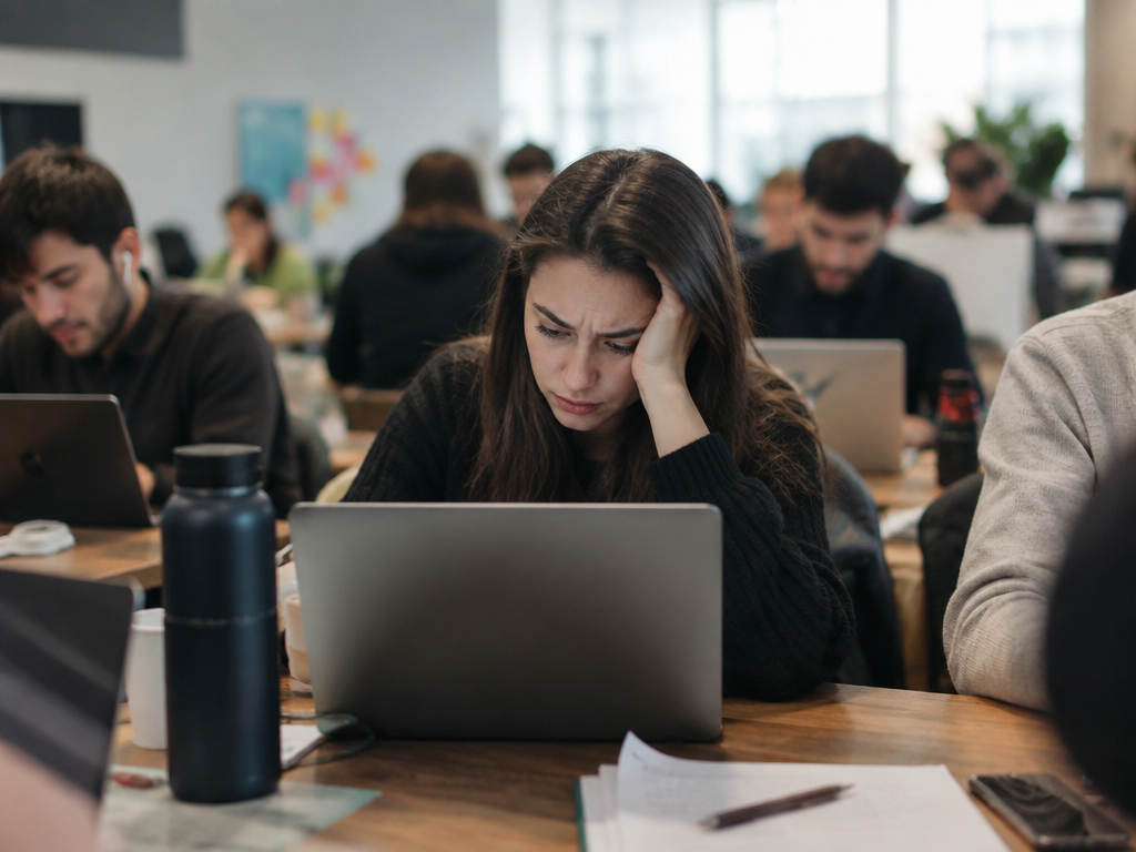 A woman sits at a desk, looking stressed while using a laptop in a busy office. Other people are working in the background. Papers and a water bottle are on her desk.