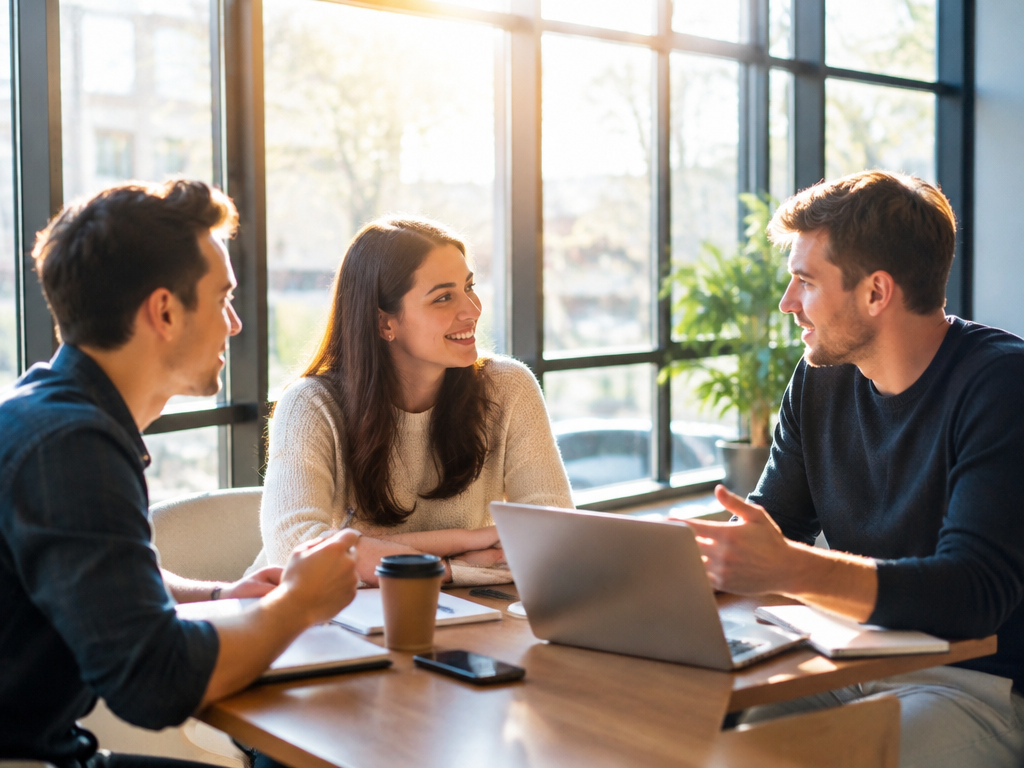 Three young adults sit at a table with a laptop, notebook, and coffee cup, engaged in a lively discussion in a bright, sunlit office with large windows and plants in the background.