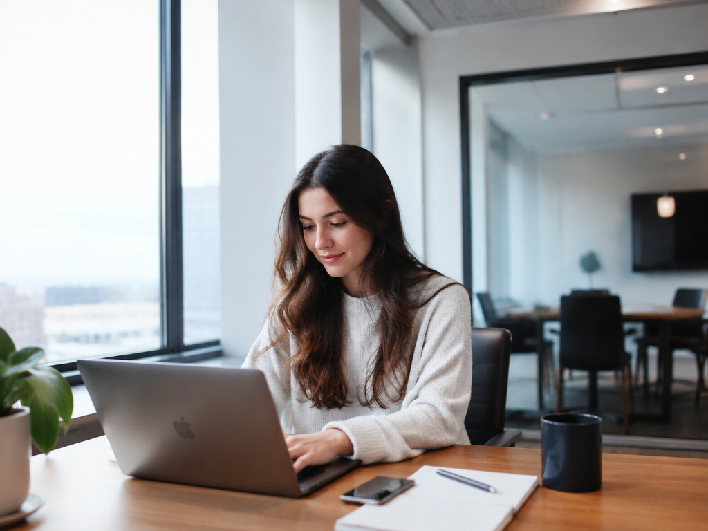 A woman with long brown hair works on a laptop at a desk in a modern office. A notebook, pen, smartphone, and blue mug are on the table. Large windows and a glass-walled meeting room are in the background.