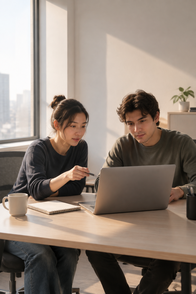 Two people sit at a desk in an office, looking at a laptop. One points at the screen while the other watches. Sunlight streams through a window, and notebooks, mugs, and a plant are on the table.