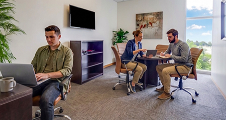 Three people work in a bright office; one man is on a laptop at a desk, while a woman and another man sit at a round table talking. Plants, artwork, and a large window decorate the room.