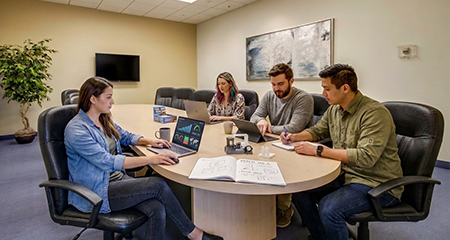 Four people sit around a conference table, working on laptops and writing in notebooks. A large TV, a plant, and a painting are visible in the meeting room.