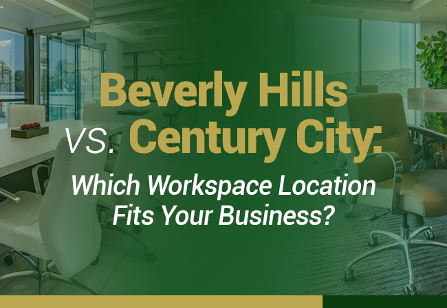 Text overlay on a conference room image reading: Beverly Hills vs. Century City. Which Workspace Location Fits Your Business?.