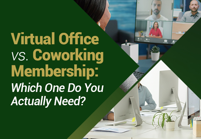 Text graphic titled Virtual Office vs. Coworking Membership: Which One Do You Actually Need? with a background showing a person on a video call and an office workspace.